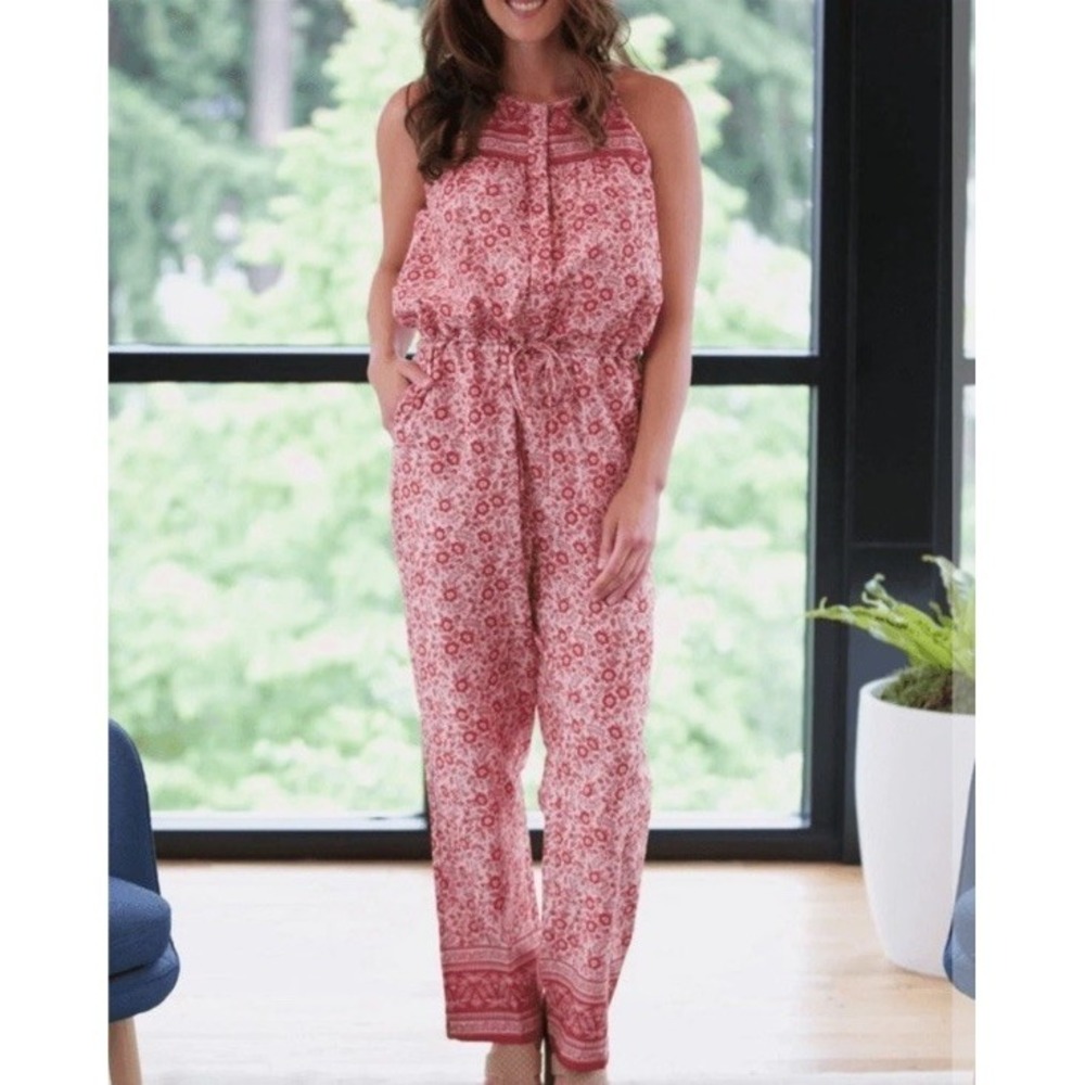 FAHERTY Adella Pink Floral Jumpsuit L Sun Up Boho Cottage Bloom Organic Cotton